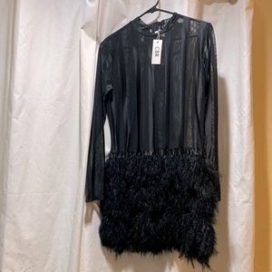 Beautiful sheer top party dress with feather bottom. Full feather skirt. New